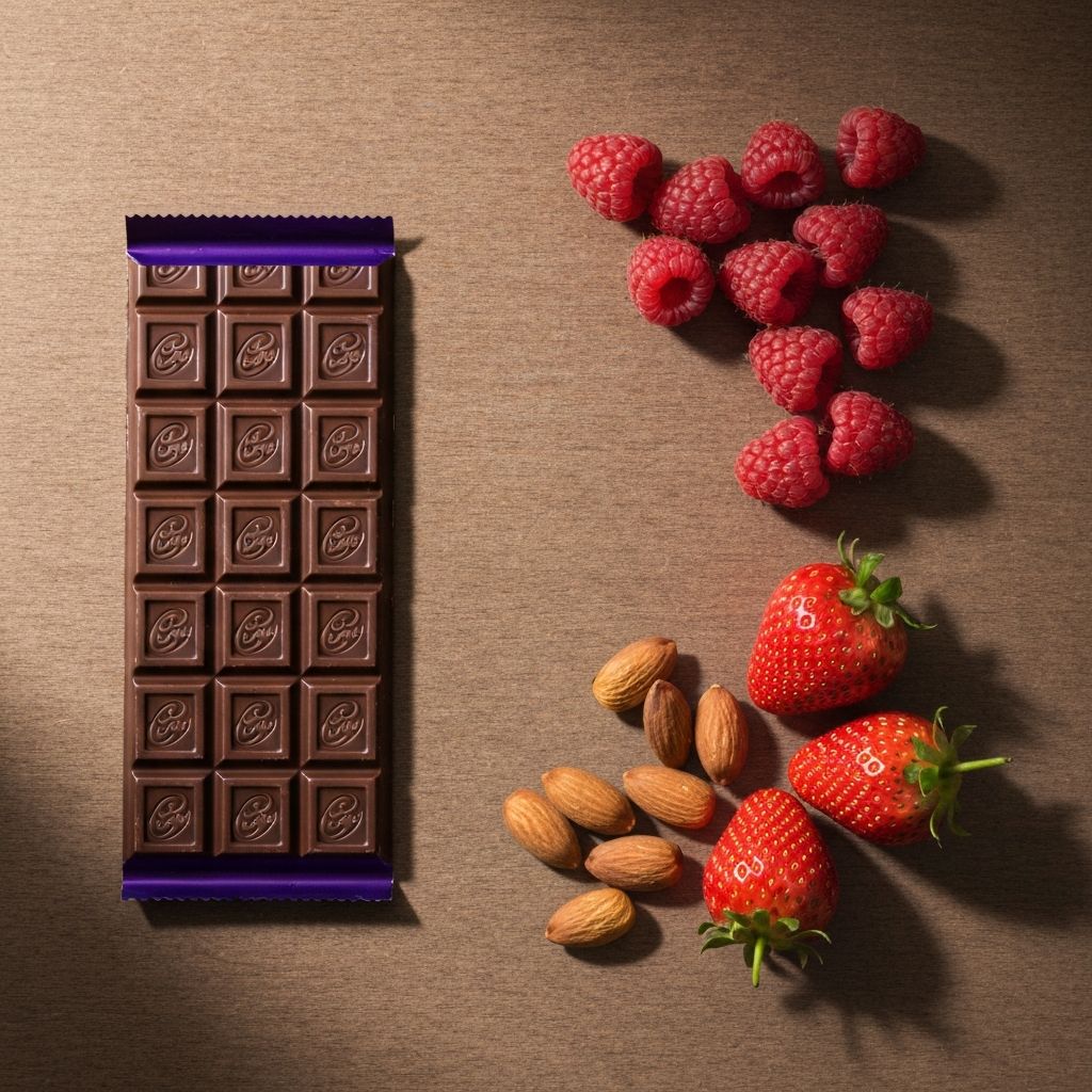 Cadbury chocolate bar beside fresh berries and almonds