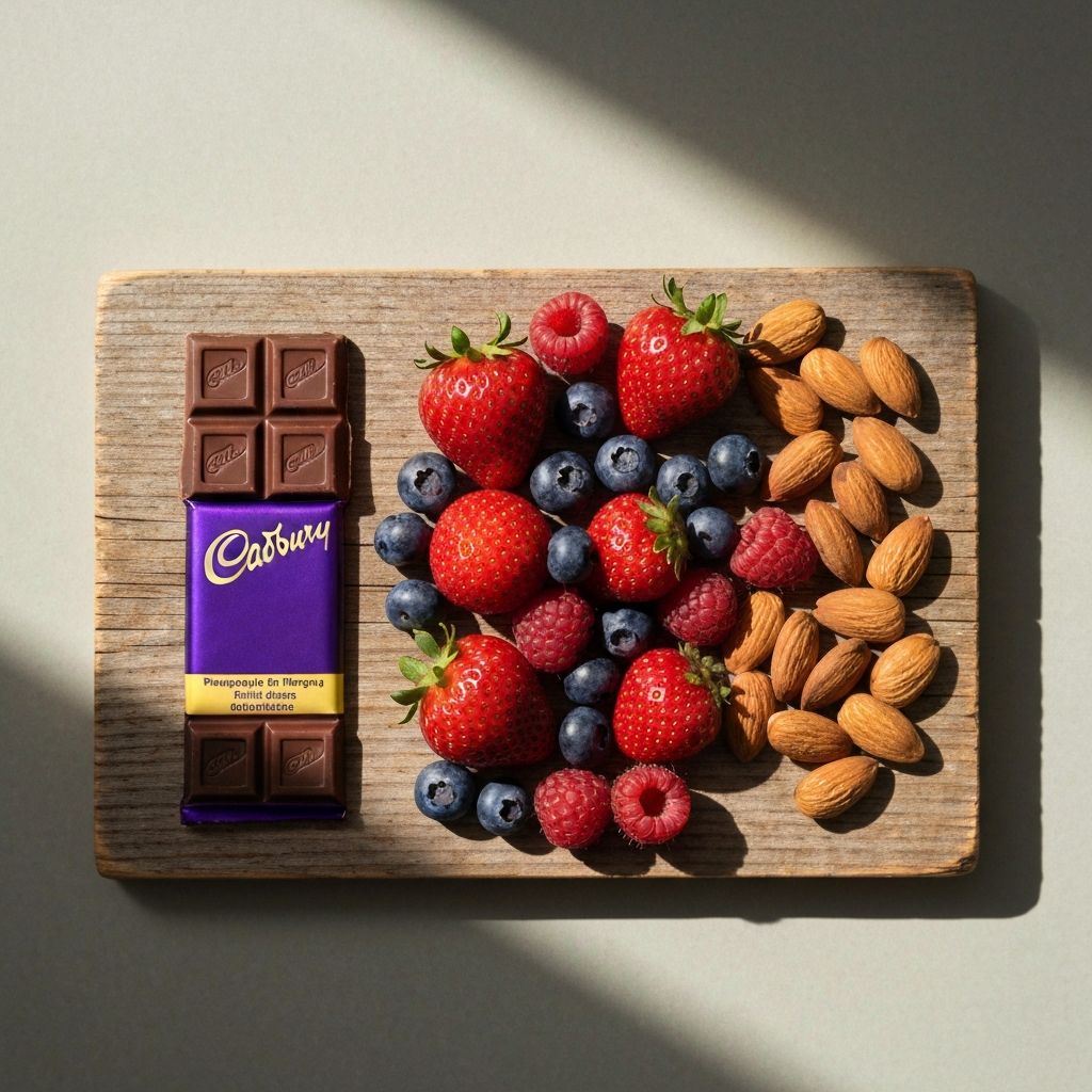 Cadbury chocolate bar beside fresh berries and almonds